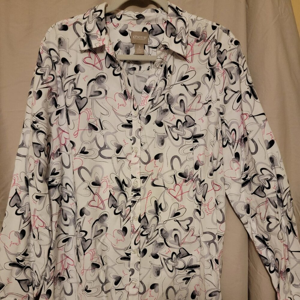 Chico's Heart & Love Women's Button-Down‎ Graphic Shirt Size 3 (L)